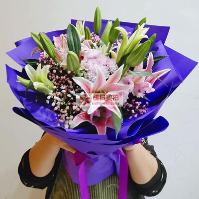 呼伦贝尔6支粉色多头百合，真诚的问候