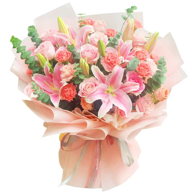 呼伦贝尔11朵粉色康乃馨玫瑰百合，充满爱和温馨